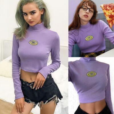 

Womens High Collar Slim Bottoming Purple Thread Embroidery T-shirt Blouse