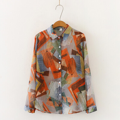 

Tailored Women Fashion Long Sleeve Turn Down Collar Printed Pattern Casual Shirt Chiffon