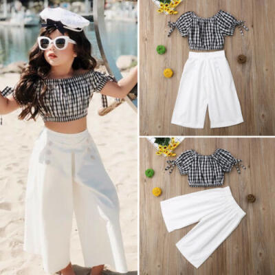 

Fashion Toddler Baby Girls Checks Tops T-ShirtWide Leg Pants Outfits Clothes UK
