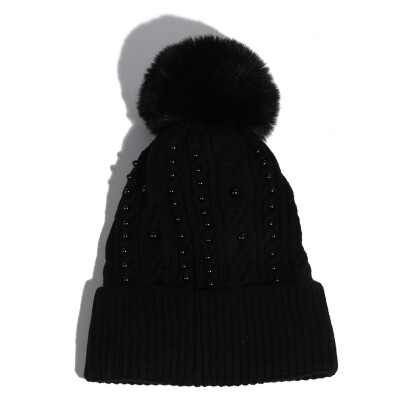 

Hat Womens autumn&winter Korean pearl wool hat thickened&fluffy ball Pullover hat outdoor warm knit hat tide