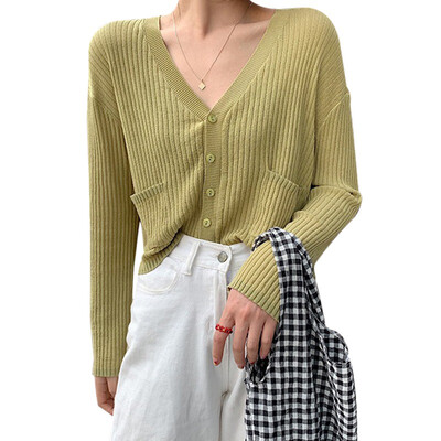 

Fashion Casual Solid Long Sleeve V-Neck Thin Blouse Sun Protection Button Up Knitted Cardigan