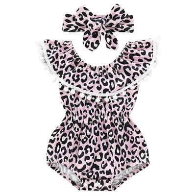 

2pcsset Kids Girl Leopard Print Short Sleeve Romper Cute Jumpsuit Hairband