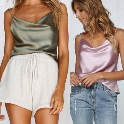 

Fashion Women Ladies Satin Summer Loose V Neck Vest Tank Tops Casual Blouse T-Shirts