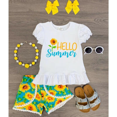 

US Toddler Baby Girl Ruffle Tops T-shirtSunflower Shorts Pants Outfits 3Pcs Set