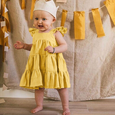 

Toddler Kids Baby Girls Ruffle Solid Linen Elegant Princess Party Dress Clothes