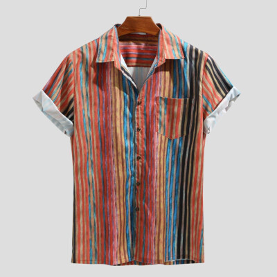 

Toponeto Mens Colorful Stripe Summer Short Sleeve Loose Buttons Casual Shirt Blouse