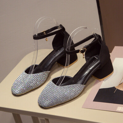 

2019 square head shallow mouth spring new buckle with Joker hollow sequins shoes womens shoes thick heels tide
