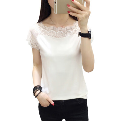 

Women T Shirt Lace Stitching Short Sleeve T-Shirt Femme Summer Slash Neck Casual Tops Korean Female Tee Shirt