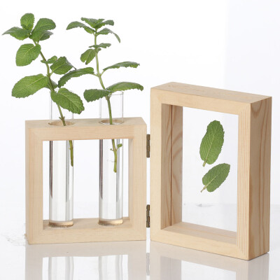 

Gobestart Creative Hydroponic Plant Transparent Vase Wooden Frame Coffee Shop Room Decor