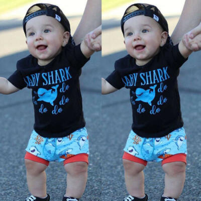 

US Summer Toddler Boy Baby Shark Do Do Outfits Top ShirtShort Pants Clothes Set