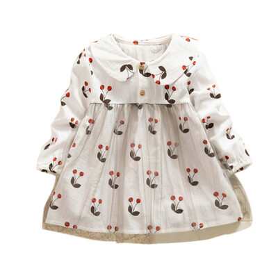 

Spring Autumn New Pattern Baby Kids Girls Cherry Print Long Sleeve Dress Sweet Cotton Comfortable Korean Style Mesh Design Dress