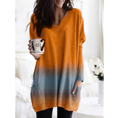 

Sexy V-Neck Gradual Change Women Long T-Shirt Loose Casual Pocket Long Sleeve Women Top