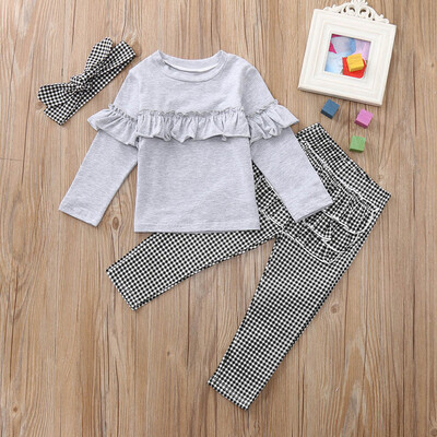

Toddler Kids Baby Girl Long Sleeves TopPlaid PantsHeadband Outfit Clothes Sets