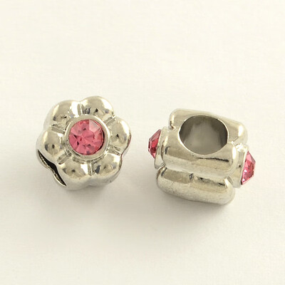 

Flower Alloy Rhinestone European Beads Nickel Free Platinum Light Rose 9x10x12mm Hole 5mm