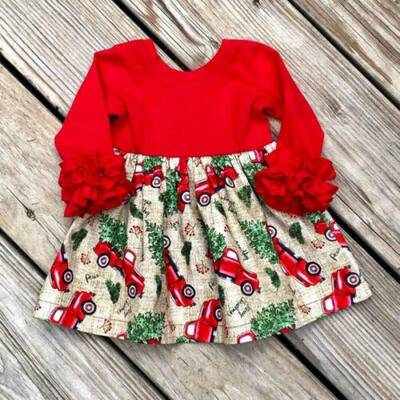 

US Toddler Kid Baby Girl Christmas Car Print Pageant Party Dress Xmas Outfits