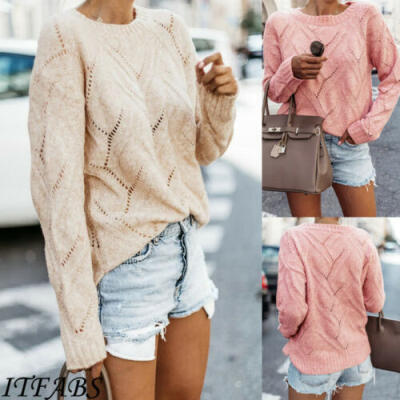 

UK Women Long Sleeve Knit Loose Winter Warm Sweater Openwork Jumper Pullover Top