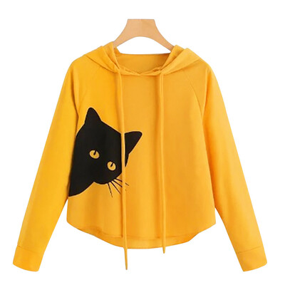

Tailored Women Ladies Autumn Cat Print Long Sleeve Sweatshirt Hooded Pullover Tops Shirt
