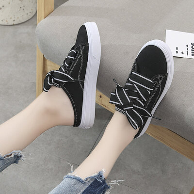 

INS Half Slippers Women Wear Summer Canvas Fashion Lazy Flat Bottom Heel-Free Baotou Half Shoes