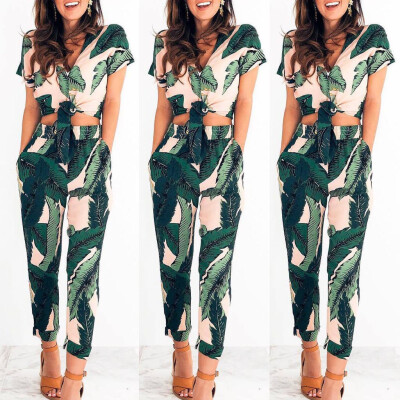 

Starmoon Womens Leaves Print V-neck Halter Sleeveless Ruffled One-piece Trousers Jumpsuit