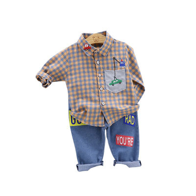 

0-4T Spring Autumn Casual Baby Long Sleeve Plaid Printing Shirt And Jeans Kids Two-piece Outfit Set