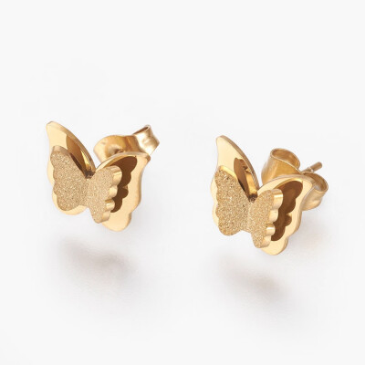 

304 Stainless Steel Stud Earrings Textured Butterfly Golden 9x105x3mm