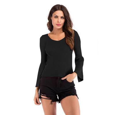 

Solid Color Flare Sleeve Bottom Tops Women V-neck Knitting Pullover Sweater