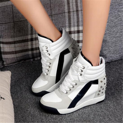 

DIWEINI Women Wedge Platform Rubber Brogue Leather Lace Up High heel Shoes Pointed Toe Increasing Creepers White Black Sneakers