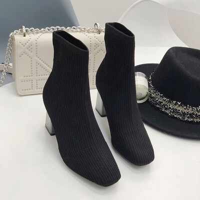 

Autumn boots shoes women 2019 new womens boots&ankle Joker square head thin knit elastic socks boots womens shoes
