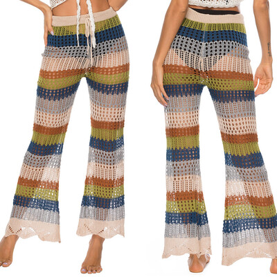 

Womens Cover Up Pants Sexy Hollow Out Crochet High Waist MeshSwimsuits Pants