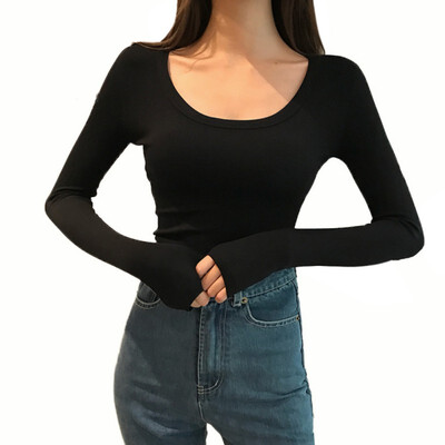

Sexy U Neck Low chest T shirt Long Sleeve Slim Basic T-Shirt For women Wild Solid color Tee top spring top
