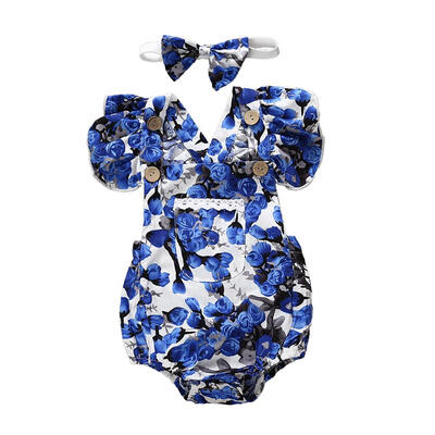 

2pcsset Kids Girls Flower Print Romper Hairband Children Jumpsuit Headband