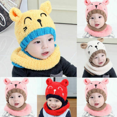 

Baby Girl Boy Toddler Winter Warm Knitted Beanie Cap Earmuffs Ball Hat Conve
