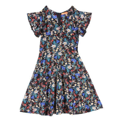 

Women Chiffon Vintage Summer Ruffle Sleeve Floral Print V-Neck Beach Dress