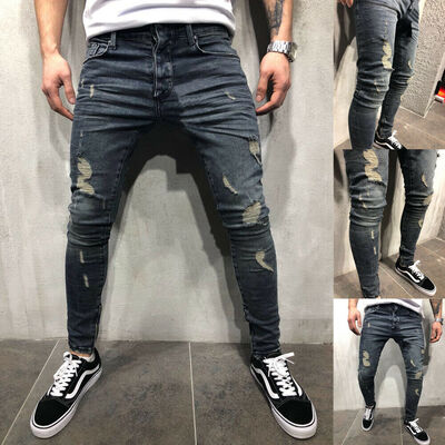 

SUNSIOM Men Stretchy Ripped Skinny Biker Jeans Destroyed taped Patch Slim Denim Pants