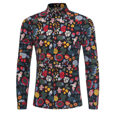 

Cartoon Florals Print Cotton Linen Shirt