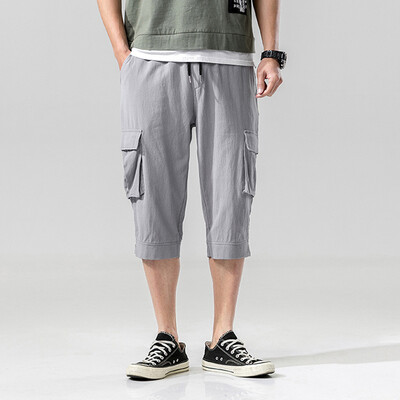 

Tailored Mens Fashion Summer Casual Pocket Solid Drawstring Cotton 34 Pants Trousers
