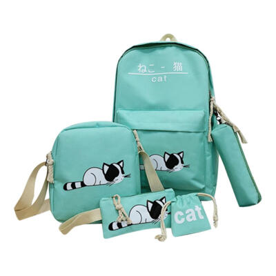 

5pcsset Cute Cat Canvas Bags Student Travel Backpack Shoulder Clutch Bag