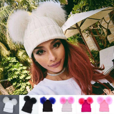

Winter Outdoor Womens Warm Chunky Knit With Double Fur Pom Pom Cute Beanie Hats
