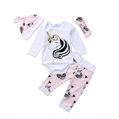 

4Pcs Newborn Baby Girls Boys Unicorn Outfits Romper Jumpsuit Pants Hat Clothes Set Fit For 0-24M