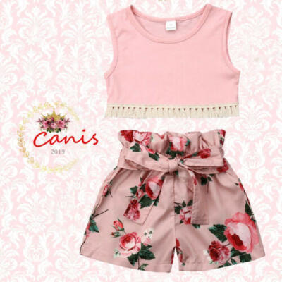 

For Kids Baby Girls Casual Pink Vest Tops Floral Rose Short Pants Outfit Clothes