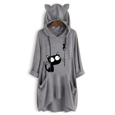 

Tailored Women Casual Print Cat Ear Hooded Long Sleeves Pocket Irregular Top Blouse Shirt