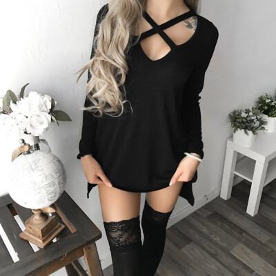 

2019 Autumn Winter Female Sexy Cross Tie V-collar Mini Red Black Gray Dresses Women Long Sleeve Loose Vestido