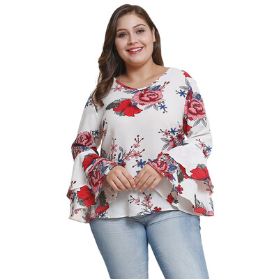 

Round Neck Long Bell Sleeve Floral Print Plus Size Women Chiffon Blouse