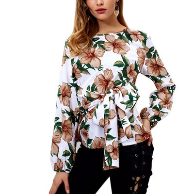 

Autumn Floral Print Long Sleeve T Shirt Women Casual Girl Bandage Tee Tshirt Loose Top T-Shirt