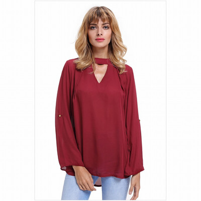 

V-neck long-sleeved mesh solid color shirt casual straight top