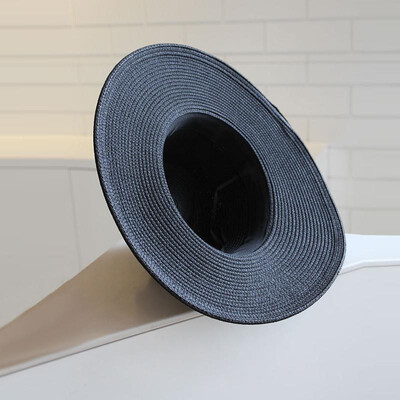 

New Fashion Women Straw Hat Solid Ribbon Trim Bowknot Panama Style Vintage Fedora Hat Sun Hat Black