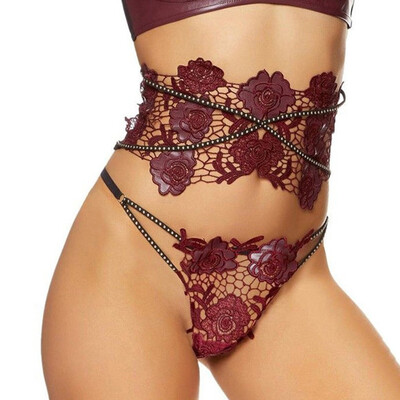 

Toponeto New Womens Leather Sexy Detail Belt Floral Hollow Lingerie With Thong Underwear