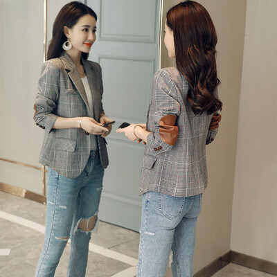 

Cypress 2018 autumn new ladies fashion temperament lapel long sleeves slim waist was thin one button plaid temperament regular jacket S83B0457AA2119L brown stripes L