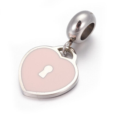 

304 Stainless Steel European Dangle Beads with Enamel Large Hole Pendants Heart Lock Stainless Steel Color Pink 245mm