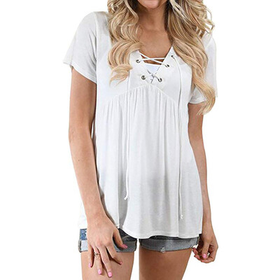

Starmoon Womens Flowy Tops V Neck Criss Cross Lace Up T-Shirts Short Sleeve Loose Blouse